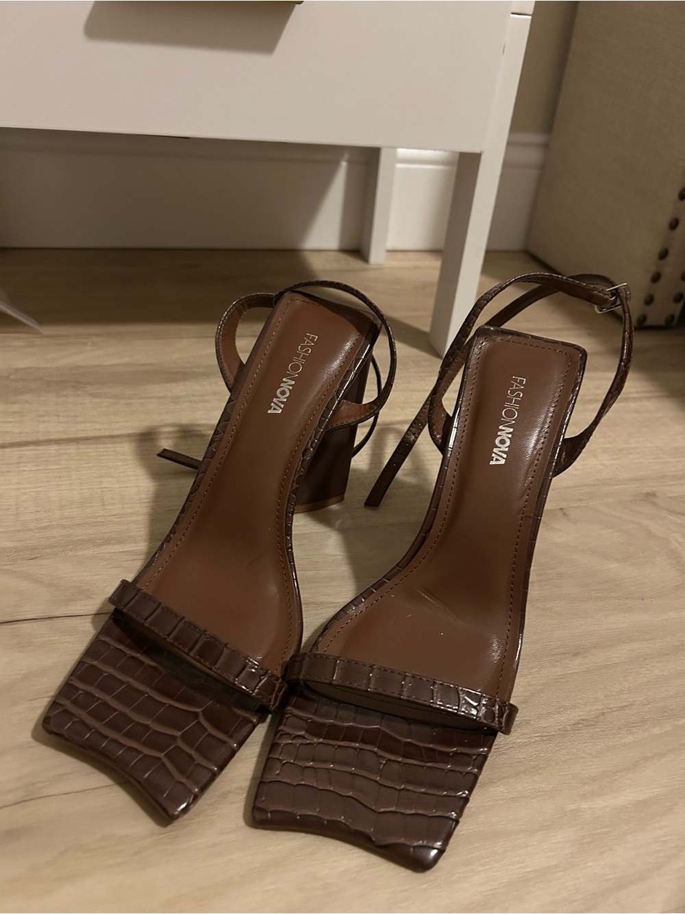 Fashion Nova Brown Croc-Embossed Strappy Block Heels